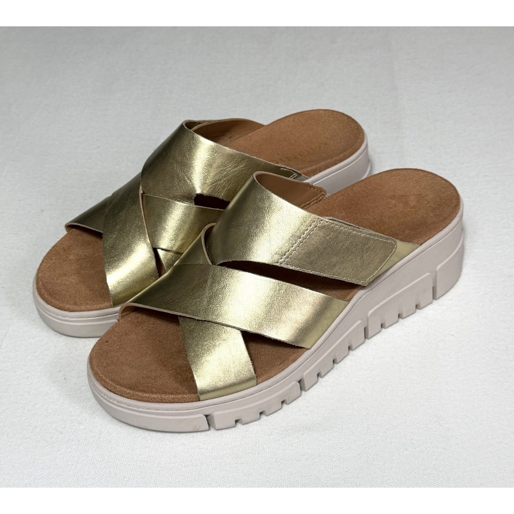 Vionic Women's Gold Metallic Leather Uptown Sunset Wedge Slide Sandal Size 7
